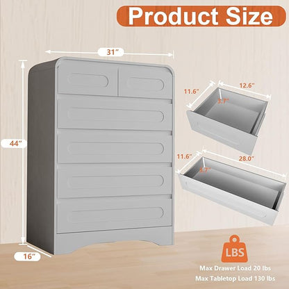 Dresser for Bedroom with 6 Drawers, 44" Tall Modern Dressers & Chest of Drawers with Curved Profile Design, Wood Closet Clothes Storage Dressers Organizer for Bedroom Living Room Hallway, White