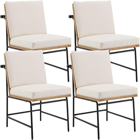 Modern Dining Chairs Set of 4, Comfy PU Leather Side Chairs Guest Chairs with Wooden Backrest Black Metal Legs for Dining Room Living Room, Beige