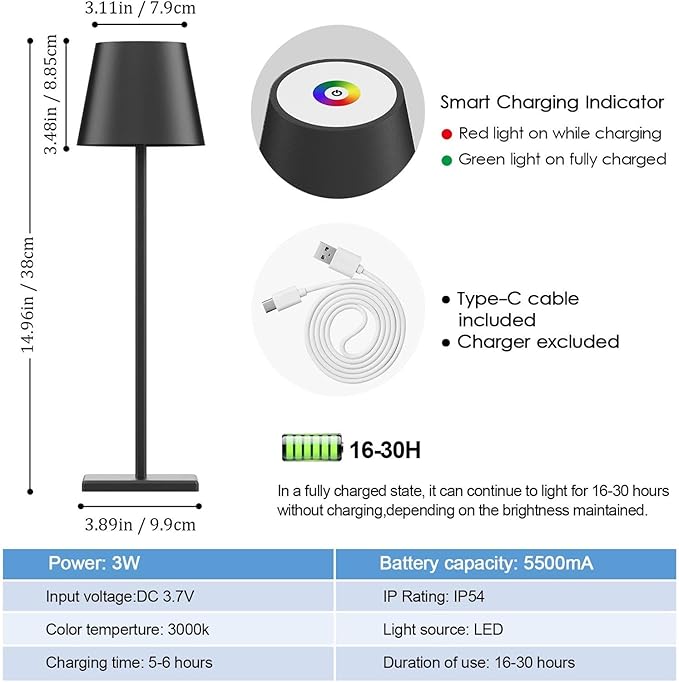 2 Pack LED Cordless Table Lamp with RGB & Stepless Dimming Rechargeable Battery Desk lamp 3W 5500mAh Battery Operated with Modern Portable Table Light for Indoor/Outdoor IP54 Waterproof (Black)