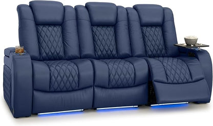 Seatcraft Diamante Zero-Gravity CoolZero Italian Leather Home Theater Seating, Power Headrest, Power Recline, Row of 3 Sofa, Navy Blue