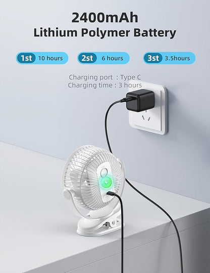 Svinkal usb Personal Clip on Fan 2400mAh Battery Operated 6in, Type C, 3 Speed, 720 adjustment, Small Portable Fan for Table, Bedroom, Desk, dormitory, Camping, Stroller, Golf Cart