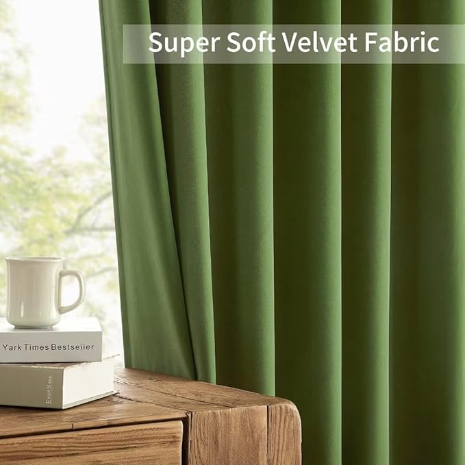 Joydeco Green Velvet Curtains 108 inch 2 Panel, Room Darkening Super Soft Velvet Drapes for Bedroom Living Room Thermal Insulated Window Drapes, Luxury Blackout Rod Pocket Curtains,W52 x L108 inch