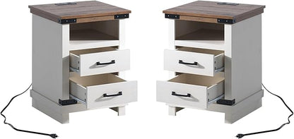 AMERLIFE Farmhouse End Table Set of 2, 18" Wood Night Stand with Charging Station & 4 Storage Drawers, Heavy Duty Bedside Nightstands for Bedroom, Living Room, Antique White