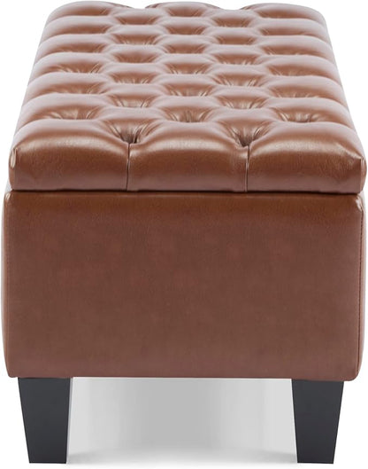 GDFStudio Boucle Storage Ottoman Bench with Button Tufting, 50.75” Upholstered Entryway Bench with Hidden Storage, Soft Close Lid, Rubberwood Legs, Extra Seating for Bedroom, Living Room – Brown