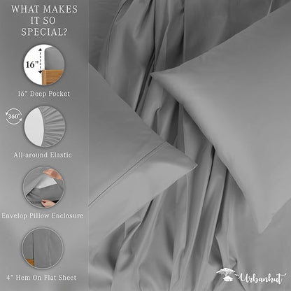URBANHUT 800 Thread Count 100% Cotton Full Size Sheets, Luxury 4 Piece Full Bedsheets, Hotel Sheets Sateen Finish - Better Than Egyptian, 16" Elasticized Deep Pocket - Dark Grey