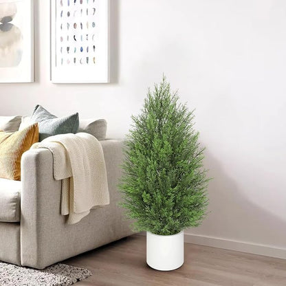 Briful 2PCS 3ft Artificial Cedar Topiary Trees in White Planter – Compact Faux Evergreen Potted Plants with Dense Realistic Layered Leaves, Lifelike Fake Cypress Trees for Home, Office, Patio, Porch