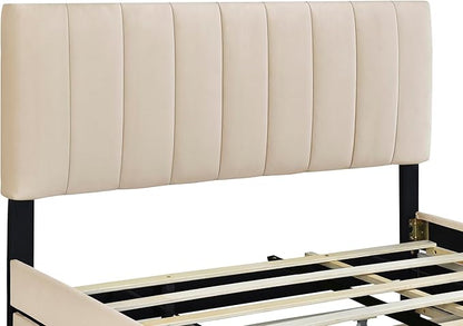 Queen Bed Frame with Trundle Bed,Velvet Upholstered Platform Bed Frame with Storage Drawers,Queen Size Trundle Bed with Headboard for Kids Teens Adults,Beige