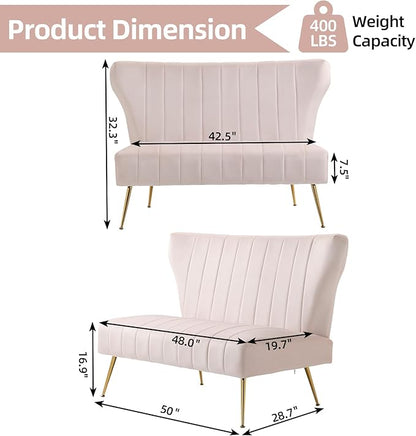 50’’ Armless Loveseat Sofa, Comfy Upholstered Velet Small Couch Sofa with Gold Legs, 2 Seater Tufted Modern Couch for Living Room, Bedroom, Apartment Small Space (Light Pink)