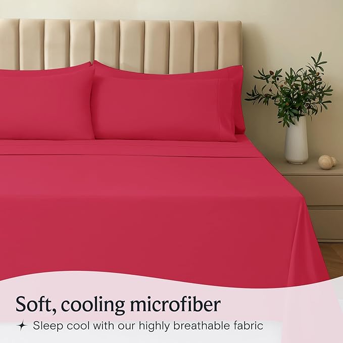 LuxClub 5 PC Sheet Set Bed Sheets Deep Pockets 16" Eco Friendly Wrinkle Free Cooling Machine Washable Hotel Bedding Silky Soft - Red Split King