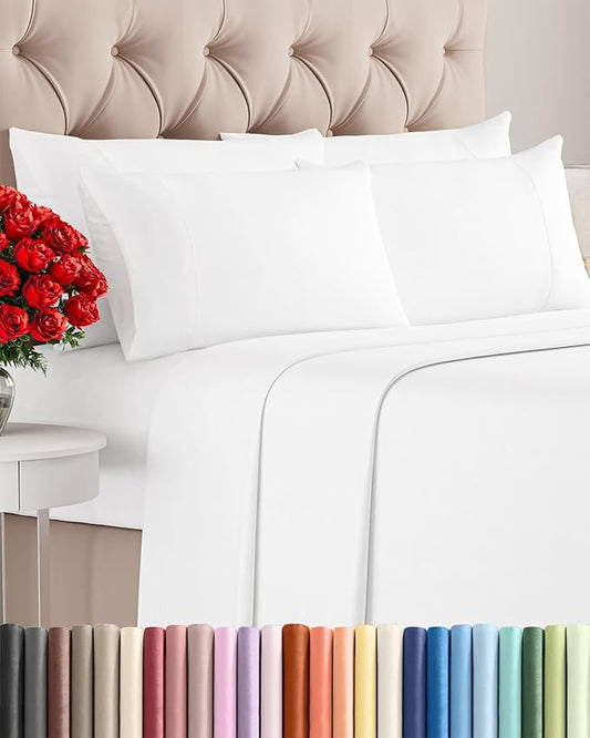 Queen 6 Piece Sheet Set - Cooling, Comfy & Breathable - Hotel Luxury Bedding, Includes Fitted Sheet for Women, Men, Kids and Teens - 1 Flat, 1 Fitted Sheet, 4 Pillowcases with Deep Pockets - White