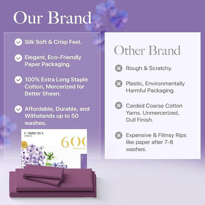Carressa Linen 100% Egyptian Cotton Twin XL Sheets Set - 600 Thread Count Luxury Egyptian Cotton Sheets Twin XL Size (3 PC, Plum Purple), 16" Deep Pocket, Soft, Cooling, Sateen Weave Dorm Room Bedding