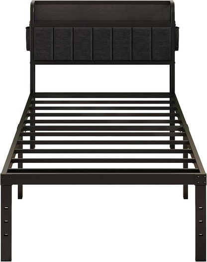 16 Inch Twin Bed Frames with Upholstered Storage Headboard, Sturdy Single Bed Frame, No Box Spring Needed Twin Platform, Black