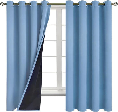 BGment Thermal Insulated 100% Blackout Curtains for Bedroom with Black Liner, Double Layer Full Room Darkening Noise Reducing Grommet Curtain (52 x 63 Inch, Denim Blue, 2 Panels)