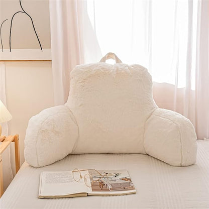 Holawakaka Large Faux Fur Bed Rest Pillow with Arms, Rabbit Fur Reading Pillows Perfect for Adults Men Women, Arm, Back, Pregnancy Lumbar & Head Neck Coccyx Lower Back Support Cushion (Ivory)