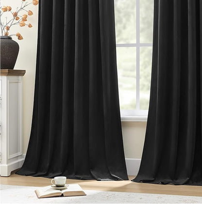 Black Velvet Blackout Curtains Extra Long Room Darkening Drapes Super Soft Elegant Thermal Insulated Soundproof Window Curtains for Bedroom Living Room, Back Tab Rod Pocket, W52 x L102, 2 Panels