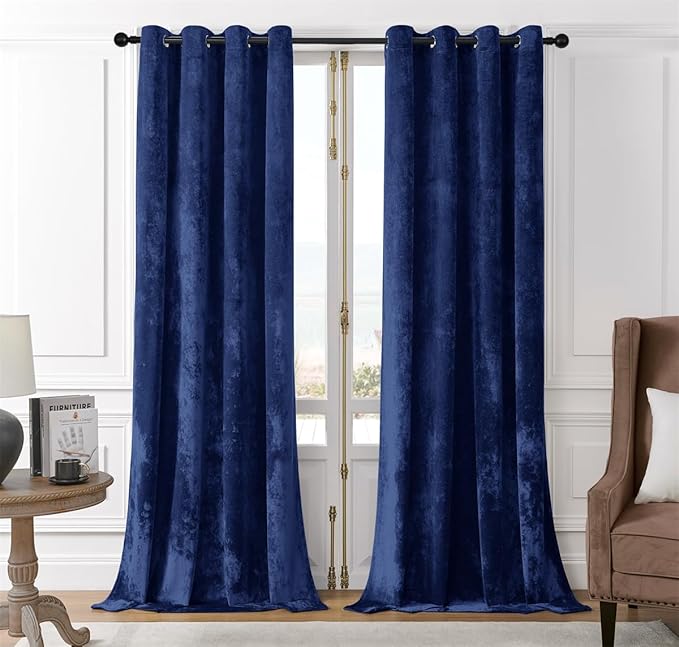 SMILETIME Navy Blue Crushed Velvet Curtains 52x84 inch Luxurious Thermal Insulated Soundproof Drapes for Living Room Bedroom Office Soft and Durable Light-Filtering Window Treatments, 2 Panels