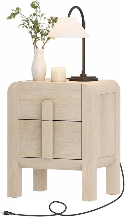WAMPAT 23.7" Tall Modern Nightstand with Charging Station,Wood Bedside Table w/2 Storage Drawers,Curved Profile Design,Sofa Side Table End Table for Bedroom, Living Room, Beige