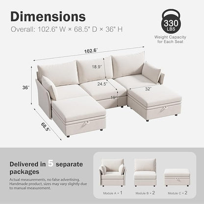 ABCASA 102.6" U Shaped Modular Sectional Sofa, 5 Seater Couch with Storage Ottoman Deep Seat and High Backrest with Removable Cover for Living Room, Apartment - Chenille White
