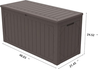 100 Gallon Outdoor Storage Box Waterproof, Lockable Resin Deck Box Patio Storage Bin for Pool Accessories Cushion Furniture, Garden Tools, UV-Resistant Outside Delivery, Brown