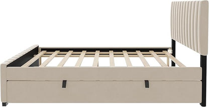 Full Bed Frame with Trundle Bed,Velvet Upholstered Platform Bed Frame,Full Size Trundle Bed with Headboard for Kids Teens Adults(Beige)