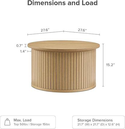 mopio Quin Tambour Round Circle Coffee Table with Storage, Drum Accent, Mid Century Modern, Wood, Fluted Center, Tea Table with Removable Lid, Living Room (Oak)