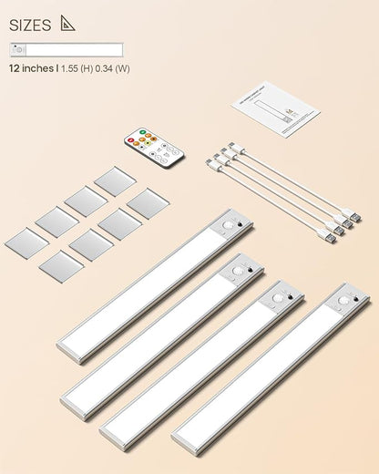 Under Cabinet Lighting with Remote Control,2500mAh USB Rechargeable Motion Sensor Light Indoor,350 Lumen LED Closet Lights,3 Color Temps Wireless Under Counter Lights for Kitchen,Pantry, Stair, 4 Pack