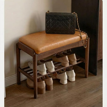 Black Walnut Shoe Bench Assembled, Solid Wood Shoe Rack Bench with Silicone Leather Cushion for Entryway, Living Room, Bedroom, Hallway