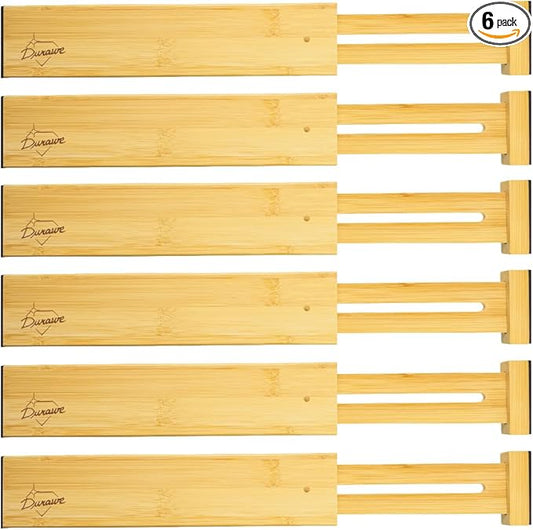 Adjustable Bamboo Drawer Dividers Organizers Expandable (12-16") Kitchen Drawer Organizer Spring Loaded for Kitchen, Dresser, Bathroom, Bedroom, Desk 6-pack Small