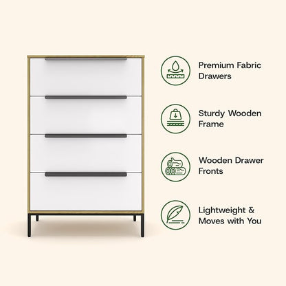 tinge Lira Premium Fabric Dresser - Solid Wooden Frame, 4 Spacious Sag-Proof Drawers with Sleek Metal Handles - Sleek & Durable Storage Solution for Your Home (Light Brown)