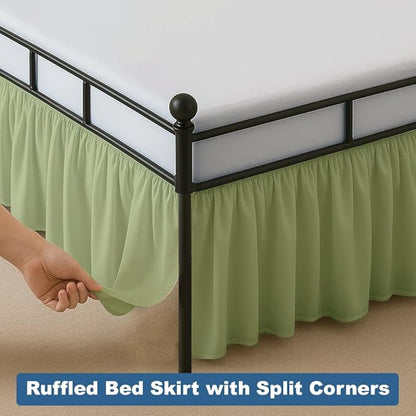 Ruffled Bed Skirt Split Corners with Platform, Tailored Fit Hotel Quality Wrinkle Free Ultra-Soft Microfiber Dust Ruffle, Upto 18 Inch Drop, Full XL, Sage
