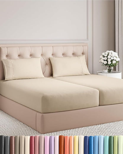 Split King Size 5 Piece Sheet Set - Comfy Breathable & Cooling Bed Sheets Set - Hotel Luxury Bedding for Women, Men, Kids, Teens, Boys & Girls - Deep Pockets, Soft and Wrinkle Free - Oeko-Tex - Wheat