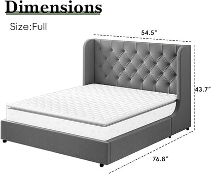 HOMBCK Full Size Bed Frame, Grey Upholstered Platform Bed Frame with Headboard, Velvet Tufted, Curved Wingback Design, Wooden Slats, No Box Spring, Noise Free, Easy Assembly