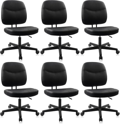 CLATINA Armless Home Office Chair, Small PU Leather Ergonomic Low Back Desk Chair with Lumbar Support and Wheels, Adjustable Height 360° Swivel Rolling Computer Task Chair, Black, 6 Pack
