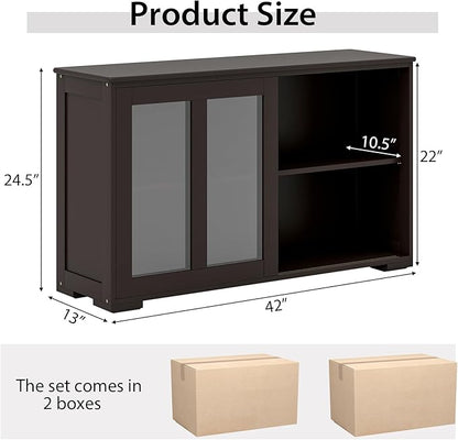 Costzon 2-Pack Wooden Kitchen Storage Cabinet with Adjustable Shelf, Sliding Glass Doors, Accent Coffee Bar Cabinet Console Table for Living Room, Dining Room, Hallway