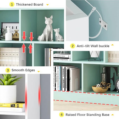 IOTXY Open Shelf Low Bookcase - Wooden 3-Tier Floor Standing Display Cabinet Organizer with Base, 7 Cubes Short Horizontal Bookshelf in Tiffany-Green