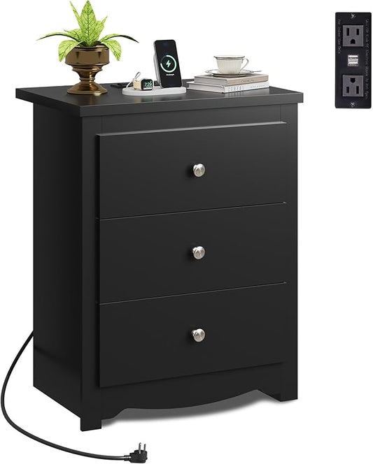 WLIVE Tall Nightstand with Charging Station, Wood Night Stand with 3 Drawers Storage, Bedside Table End Side Tables with 2 USB Ports and Outlets for Bedroom, Closet, Black