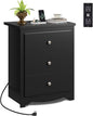 WLIVE Tall Nightstand with Charging Station, Wood Night Stand with 3 Drawers Storage, Bedside Table End Side Tables with 2 USB Ports and Outlets for Bedroom, Closet, Black
