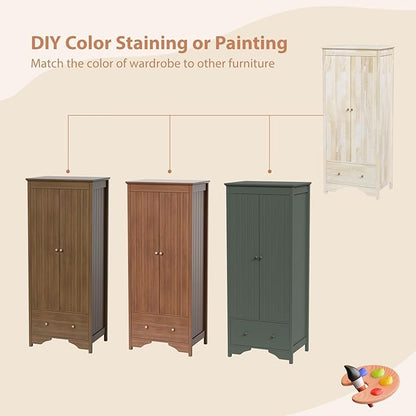 VINGLI Solid Wood Wardrobe Closet, Unfinished Natural Rubber Wood Armoire Color DIY, Wooden Wardrobe Closet with Doors and Drawers, Real Wooden Armoire for Hanging Clothes