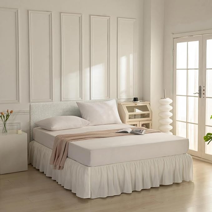 Bed Skirt Twin Size Ruffled Bed Skirt with Split Corners, Ivory Bed Skirts 14 Inch Drop, Bed Skirting with Platform, 14'' Twin