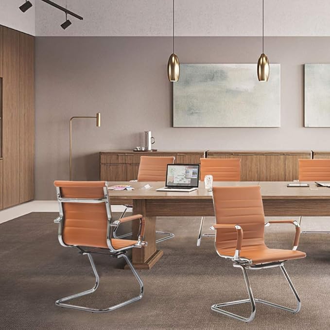 Wahson Office Guest Chairs Set of 4, Leather Reception Chairs, Mid Back Waiting Room Chair, Conference Chairs with Sled Base, Desk Chair No Wheels for Meeting/Lobby/Restroom, Terracotta