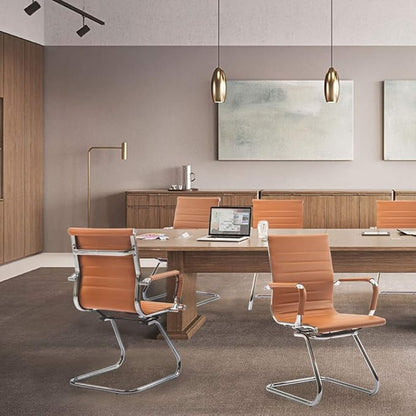 Wahson Office Guest Chairs Set of 8, Leather Reception Chairs, Mid Back Waiting Room Chair, Conference Chairs with Sled Base, Desk Chair No Wheels for Meeting/Lobby/Restroom, Terracotta