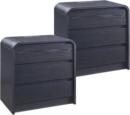 25" Tall Modern Nightstand Set of 2, 23.6" Wide Wood Bedside Table with Charging Station, 3 Storage Drawers Side Table w/Curved Profile Design, End Table for Bedroom, Black