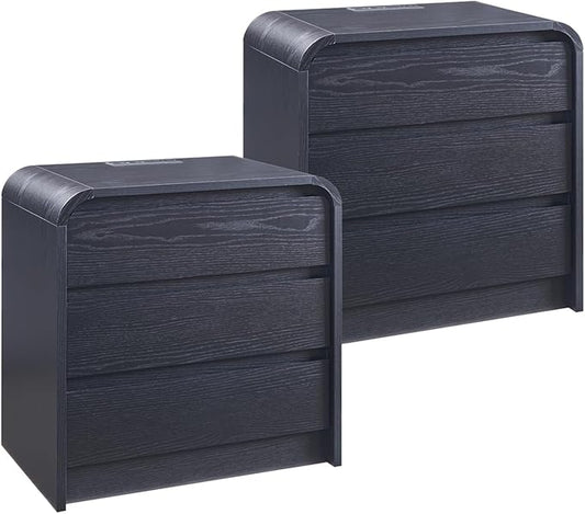 25" Tall Modern Nightstand Set of 2, 23.6" Wide Wood Bedside Table with Charging Station, 3 Storage Drawers Side Table w/Curved Profile Design, End Table for Bedroom, Black
