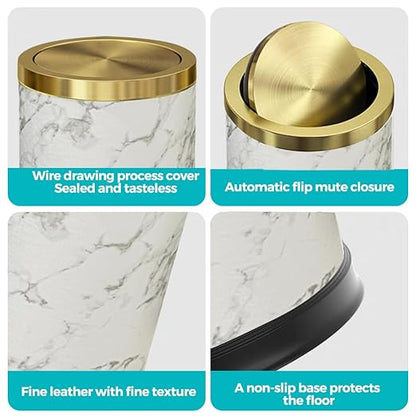 4 Gallon Bathroom Trash Can with Swing Lid, White Gold Garbage Can, White Marble Leather Waste Basket, for Bedroom Kitchen Powder Room (Marble)