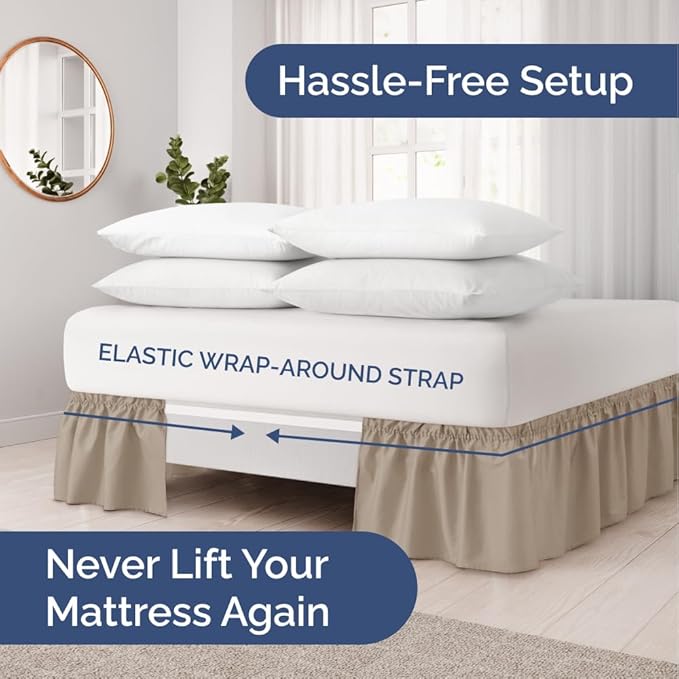 Wrap Around Dust Ruffle Bed Skirt - Cream - for Full Size Beds w/ 14 Inch Drop - Easy Fit Elastic Strap - Adjustable Pleated Bedskirt w/Brushed Fabric, Wrinkle & Fade Free Women, Men, Kids & Teens
