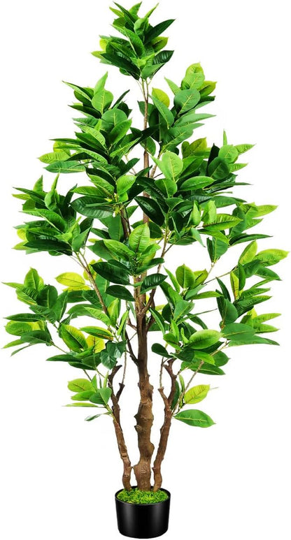 7.2ft Artificial Rubber Tree (85in) with Plastic Nursery Pot Fake Tree, Faux Ficus Plant for Office House Farmhouse Living Room Home Decor (Indoor/Outdoor)