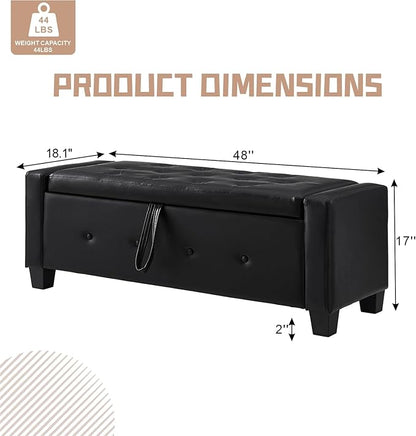 48“ Storage Ottoman Bench, Upholstered Button-Tufted End of Bed Bench with Soft-Close Hinge & Solid Wood Legs, Foot Rest for Living Room, Bedroom, Hallway (Faux Leather, Black)