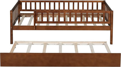 Bellemave Twin Bed Frames with Rails for Kids, Twin daybed Frame with Trundle for Boys/Girls/Adults， Walnut