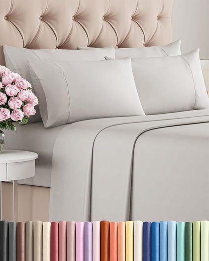 Full 6 Piece Sheet Set - Cooling, Comfy & Breathable - Hotel Luxury Bedding, Includes Fitted Sheet for Women, Men, Kids & Teens - 1 Flat, 1 Fitted Sheet, 4 Pillowcases with Deep Pockets - French Grey