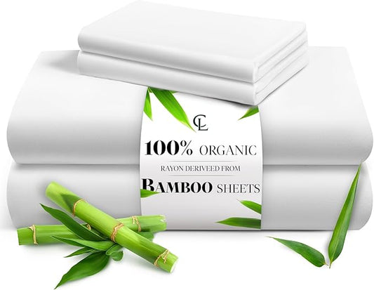 LuxClub Full Size Bed Sheets, 100% Rayon Derived from Bamboo Cooling Sheets, Breathable & Soft Deep Pocket Up to 16", Hotel Luxury Silky Sheets Full Size Set, White
